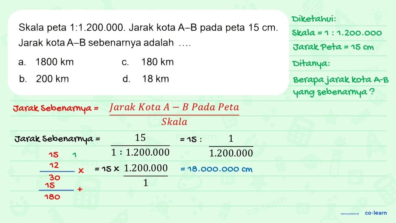 Skala peta 1:1.200.000. Jarak kota A-B pada peta 15 cm.