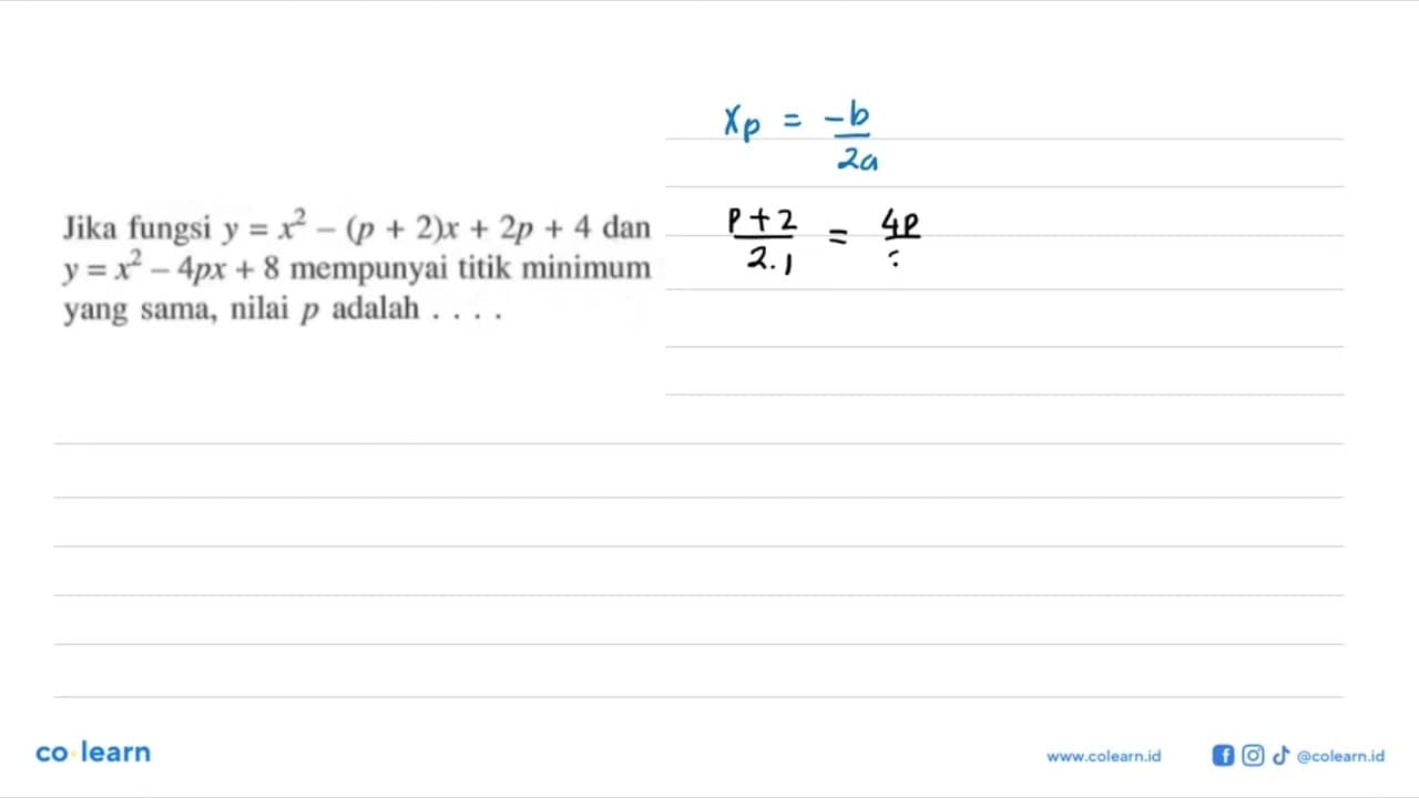 Jika fungsi y=x^2-(p+2)x+2p+4 dan y=x^2-4px+8 mempunyai