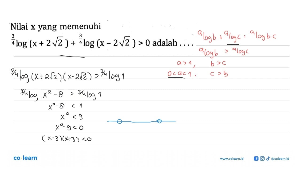 Nilai x yang memenuhi 3/4 log(x + 2akar(2) + 3/4 log (x -