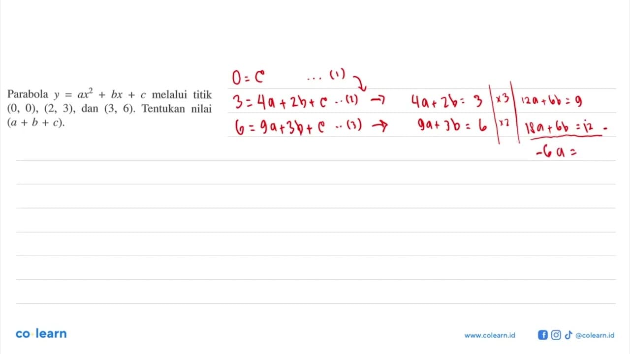 Parabola y=a x^2+b x+c melalui titik (0,0),(2,3) , dan