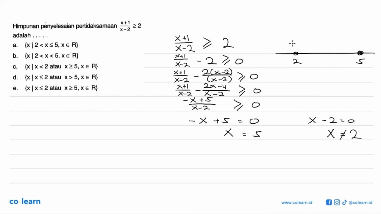 Himpunan penyelesaian pertidaksamaan (x+1)/(x-2)>=2 adalah