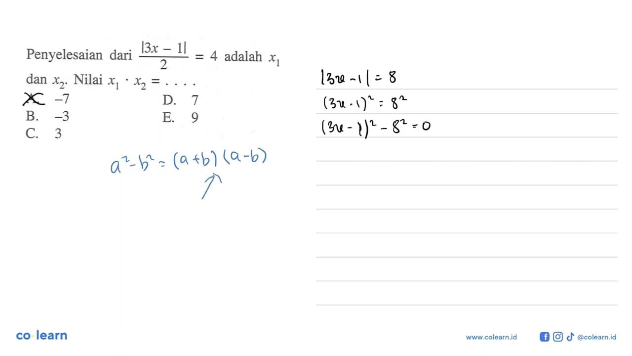 Penyelesaian dari |3x-1|/24=4 adalah x1 dan x2. Nilai