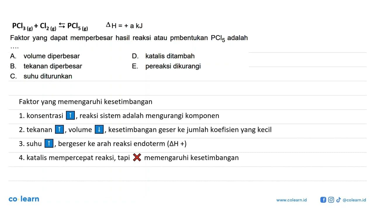 PCl3 (g) + Cl2 (g) -> PCl5 (g) delta H = + a kJ Faktor yang