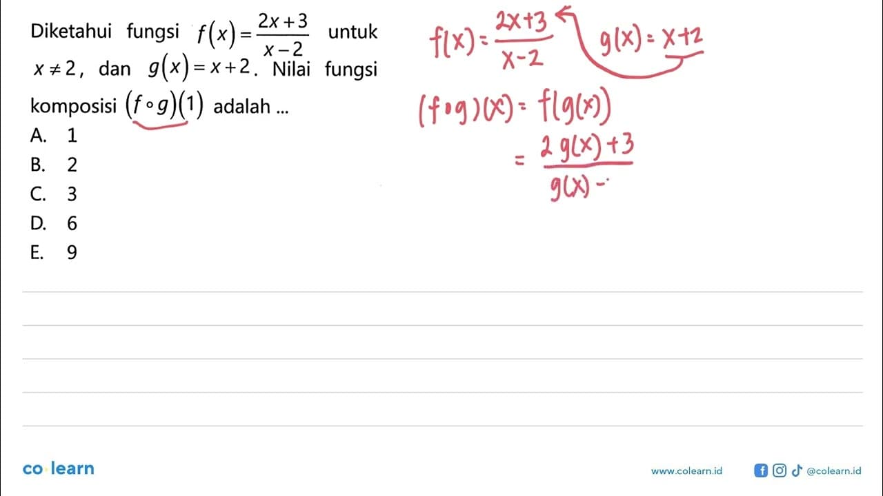 Diketahui fungsi f(x)=(2x+3)/(x-2) untuk x=/=2 , dan