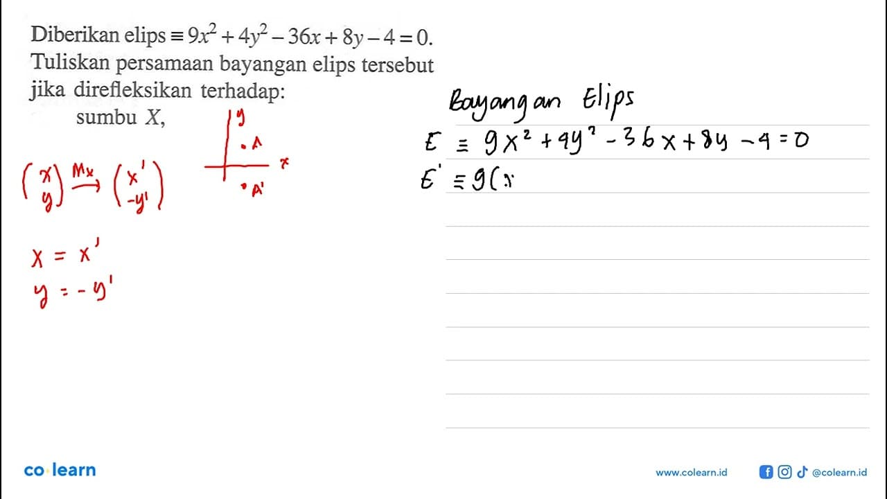 Diberikan elips ekuivalen 9 x^2+4 y^2-36 x+8 y-4=0 .