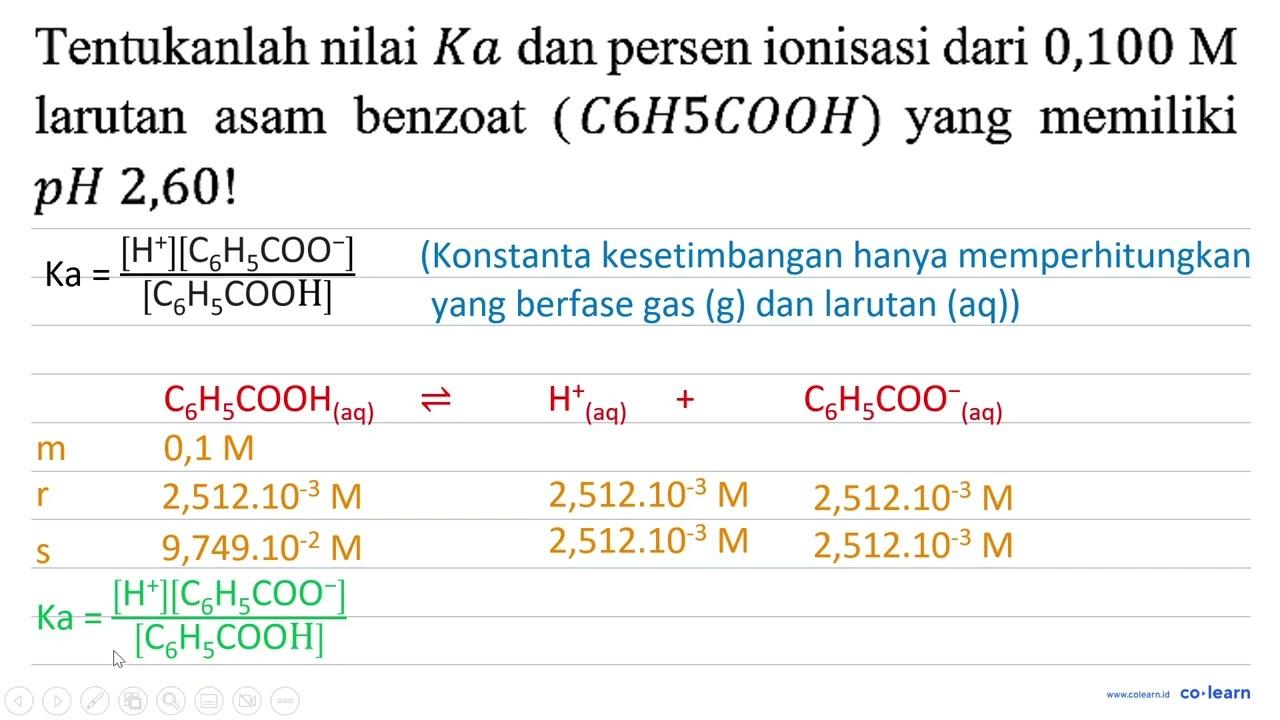 Tentukanlah nilai Ka dan persen ionisasi dari 0,100 M