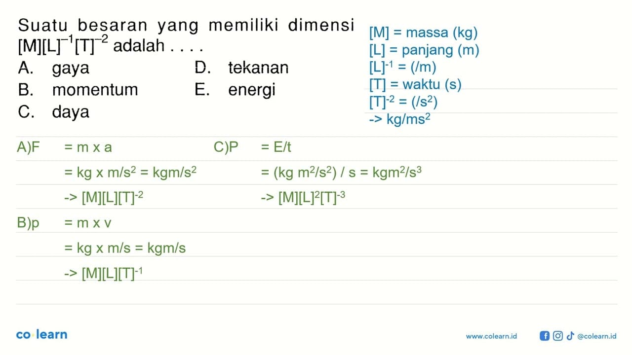 Suatu besaran yang memiliki dimensi [M][L]^-1[T]^-2 adalah