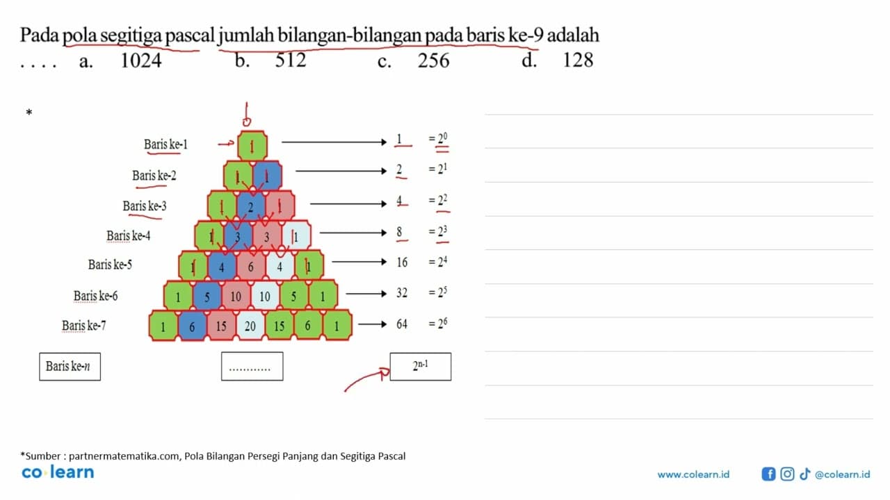 Pada pola segitiga pascal jumlah bilangan-bilangan pada