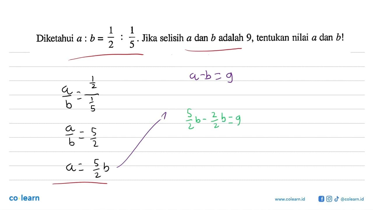 Diketahui a: b=1/2: 1/5 . Jika selisih a dan b adalah 9,