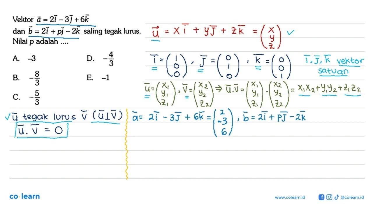 Vektor vektor a=2i-3j+6k dan vektor b=2i+pj-2k saling tegak