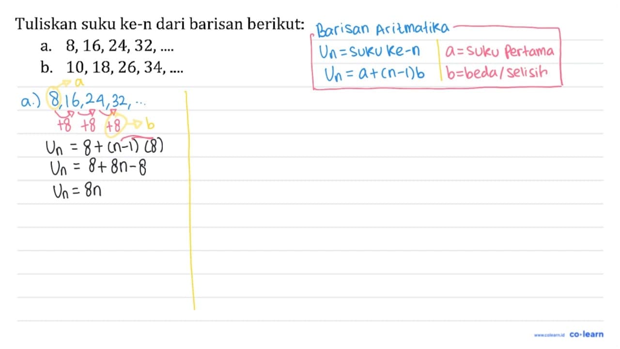 Tuliskan suku ke-n dari barisan berikut: a. 8,16,24,32, ...