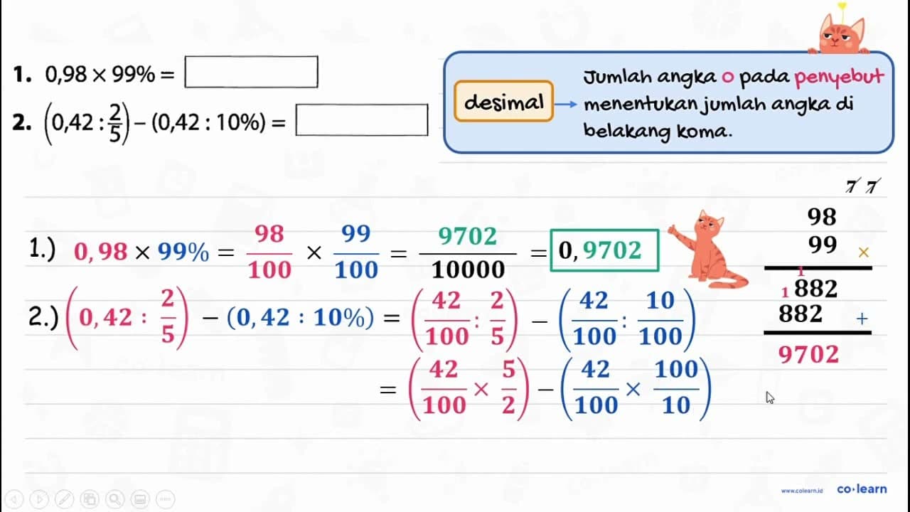 1. 0,98 X 99% = ... 2. (0,42:2/5)-(0,42:10%) =