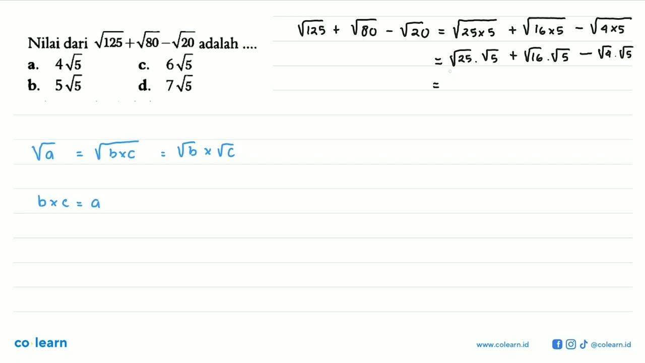 Nilai dari akar(125)+akar(80)-akar(20) adalah