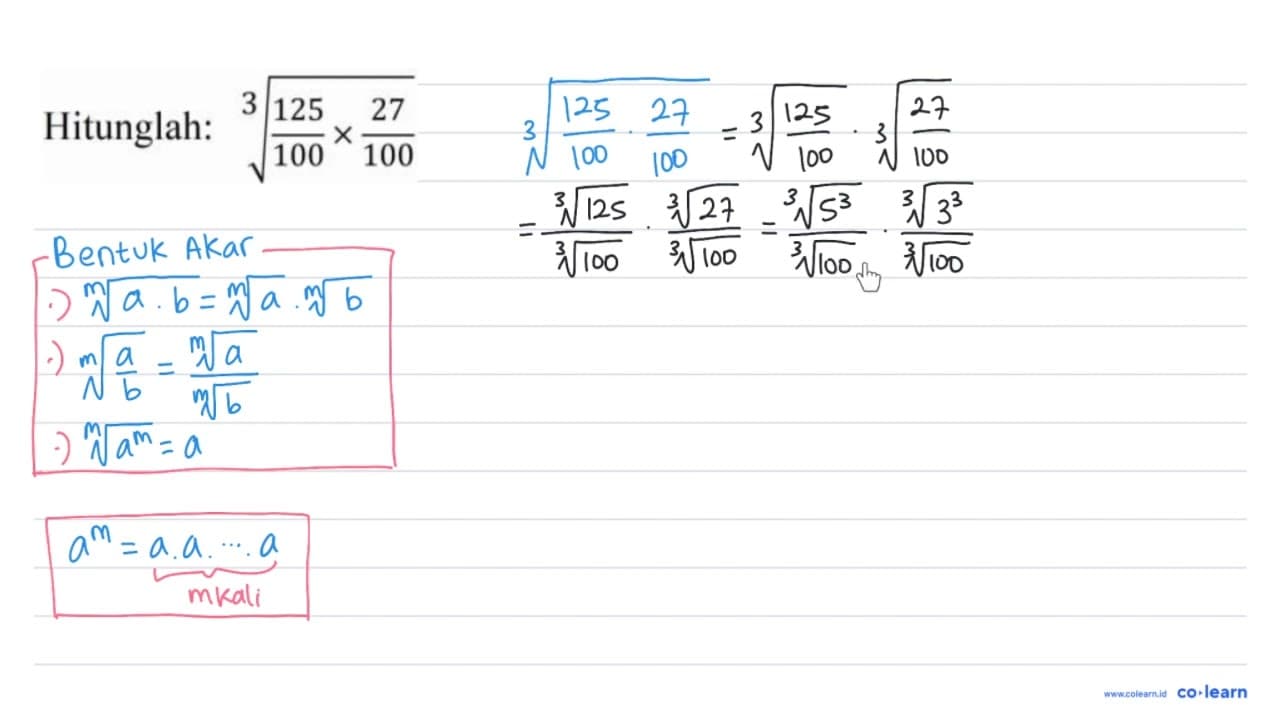 Hitunglah: ((125/100) x (27/100))^(1/3)