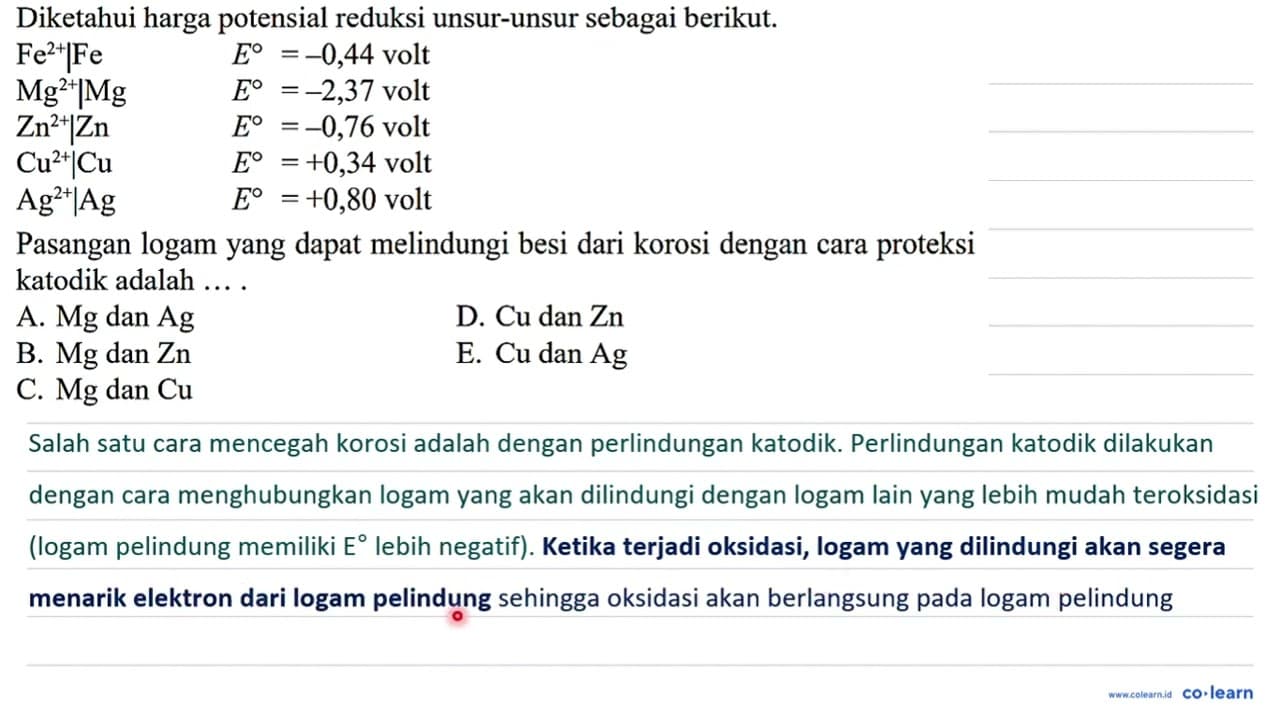 Diketahui harga potensial reduksi unsur-unsur sebagai