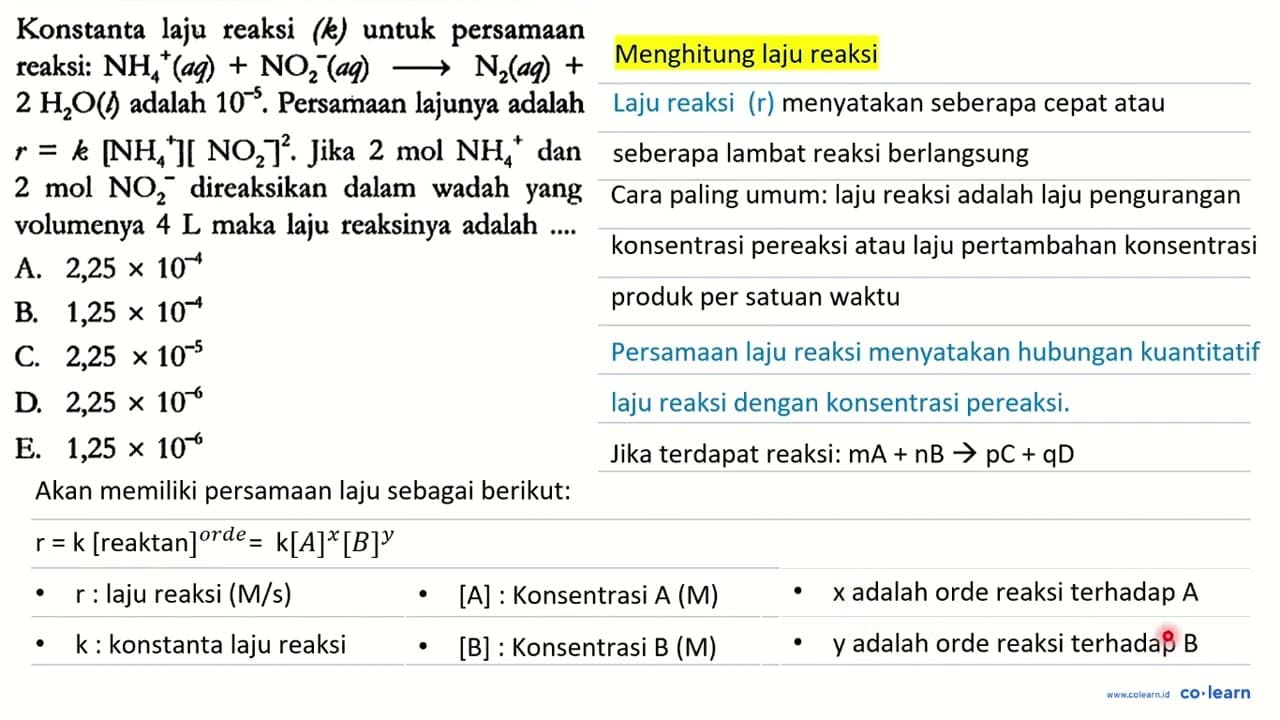 Konstanta laju reaksi (k) untuk persamaan reaksi: NH4^+