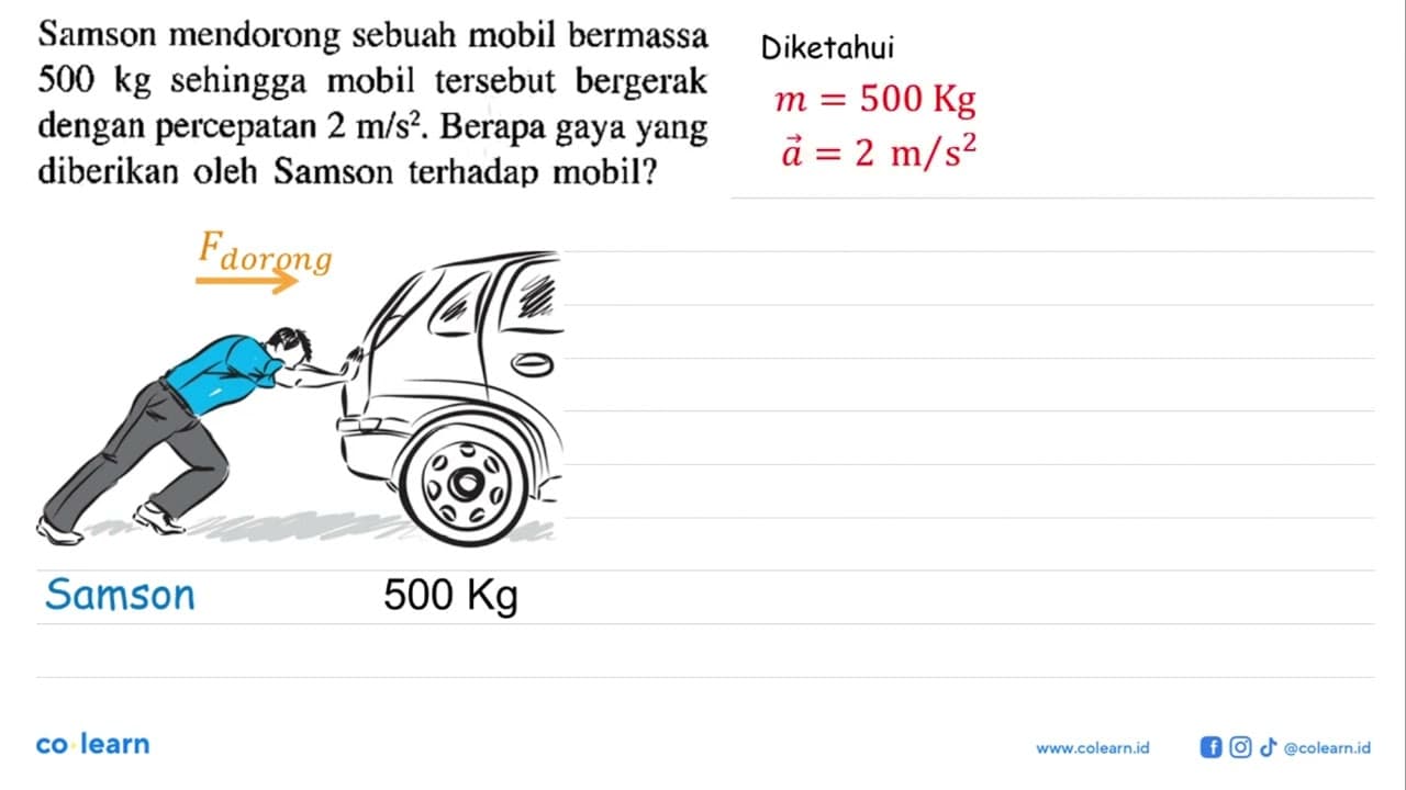 Samson mendorong sebuah mobil bermassa 500 kg sehingga