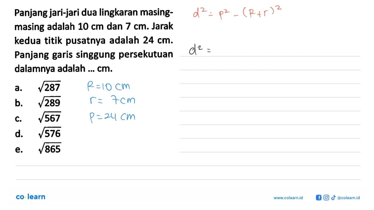 Panjang jari-jari dua lingkaran masingmasing adalah 10 cm