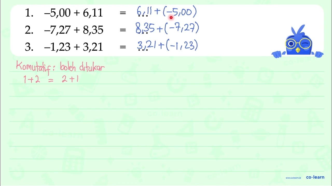 1. -5,00 + 6,11 = ... 2. -7,27 + 8,35 = ... 3. -1,23 + 3,21