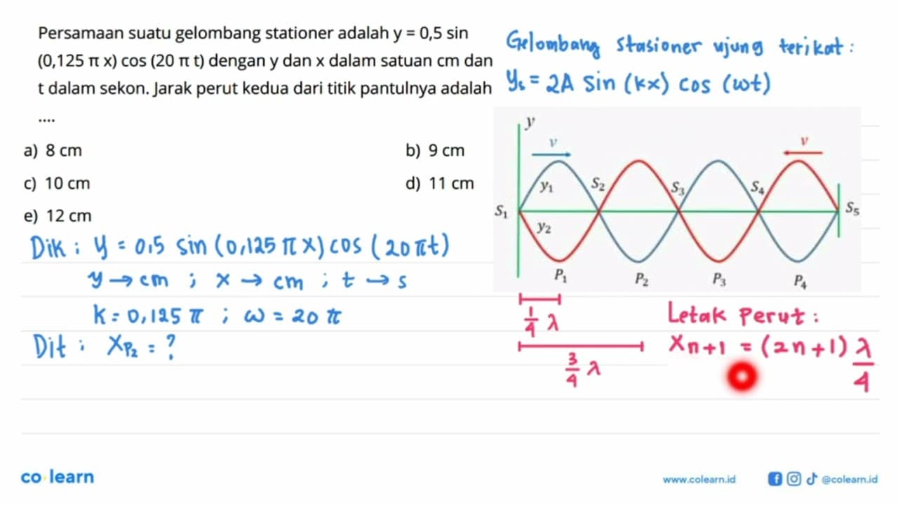 Persamaan suatu gelombang stationer adalah y=0,5 sin (0,125