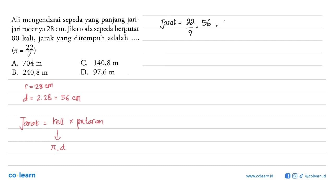 Ali mengendarai sepeda yang panjang jarijari rodanya 28 cm.