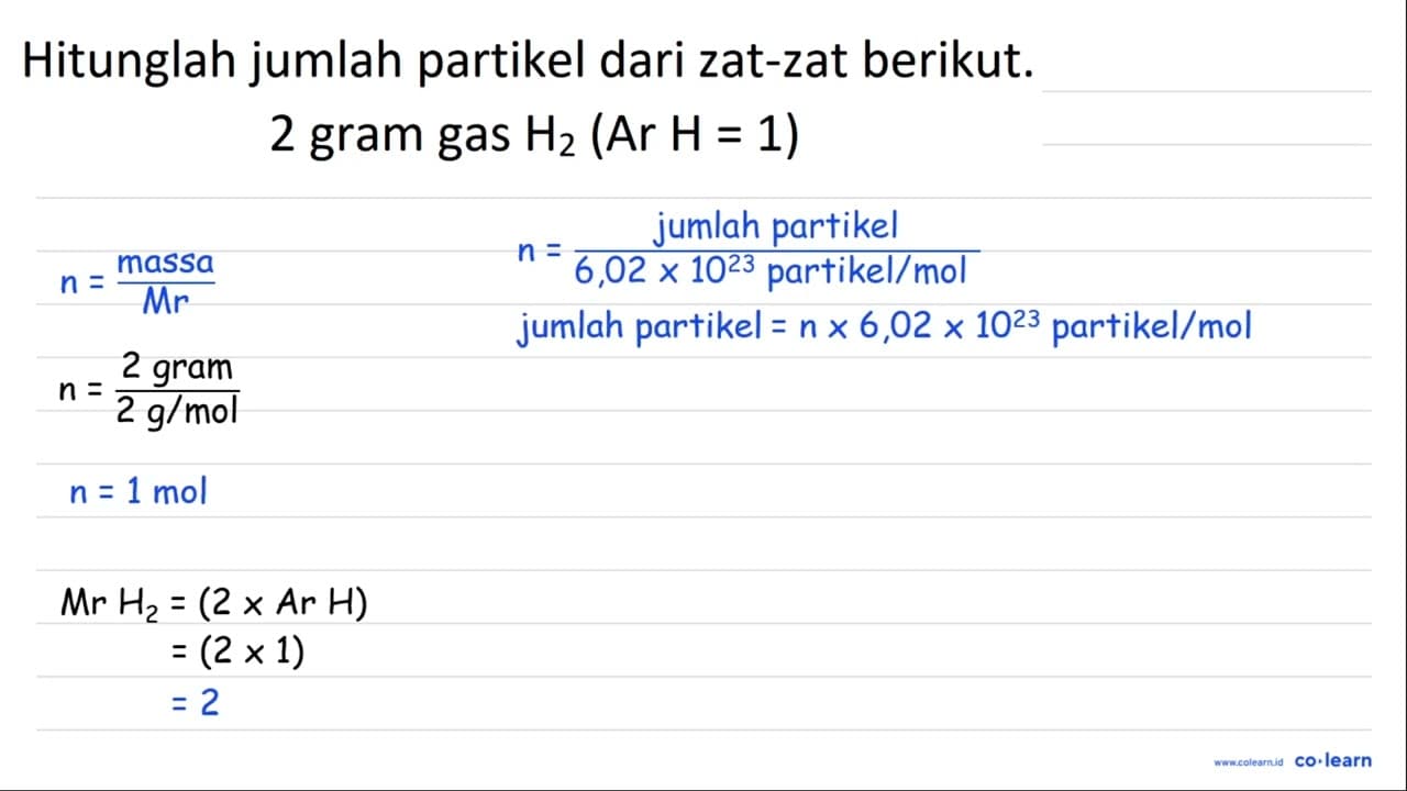 Hitunglah jumlah partikel dari zat-zat berikut. 2 gram gas