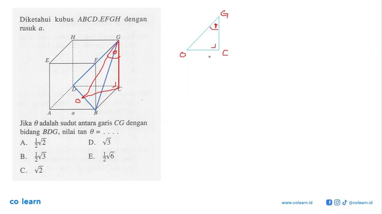 Diketahui kubus ABCD.EFGH dengan rusuk a. Jika theta adalah