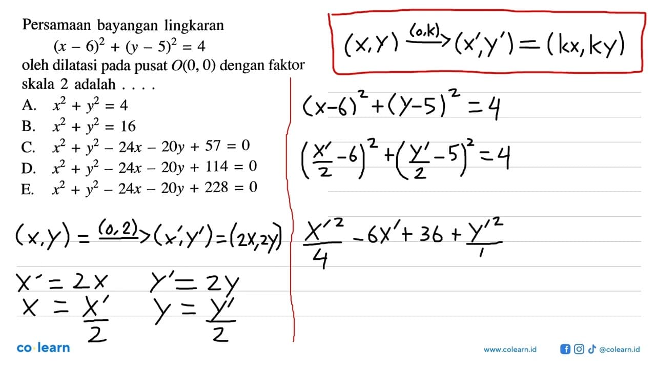 Persamaan bayangan lingkaran (x-6)^2+(y- 5)^2 =4 oleh