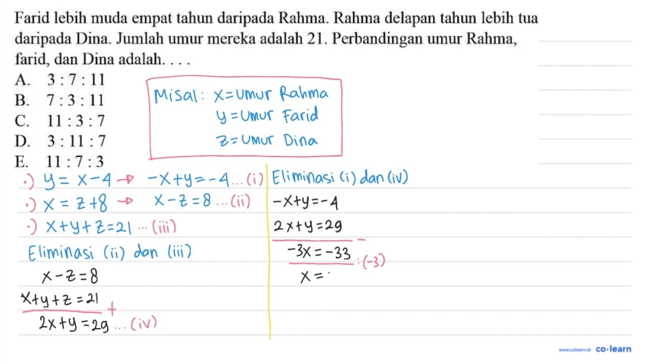 Farid lebih muda empat tahun daripada Rahma. Rahma delapan