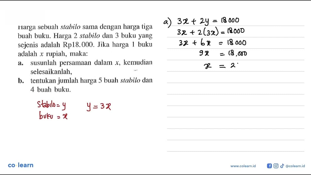 Harga sebuah stabilo sama dengan harga tiga buah buku.