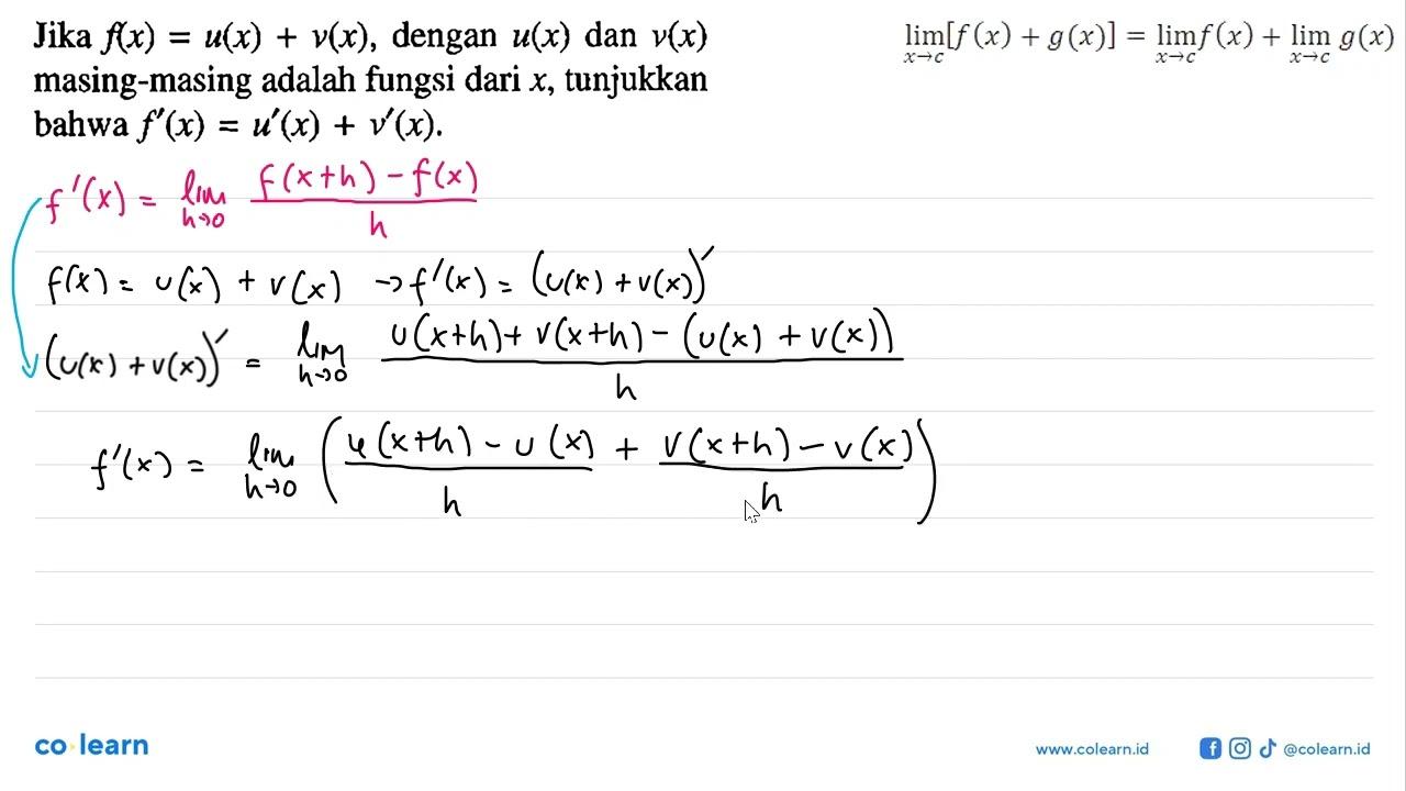 Jika f(x)=u(x)+v(x), dengan u(x) dan v(x) masing-masing