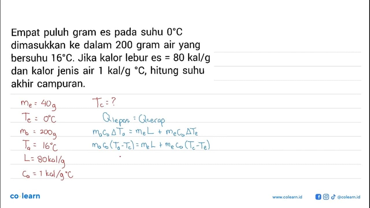 Empat puluh gram es pada suhu 0 C dimasukkan ke dalam 200