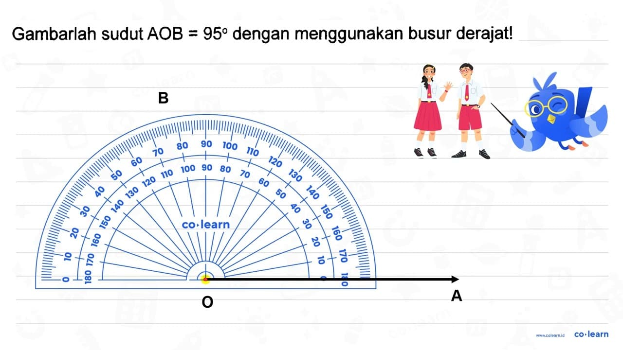 Gambarlah sudut A O B=95 dengan menggunakan busur derajat!