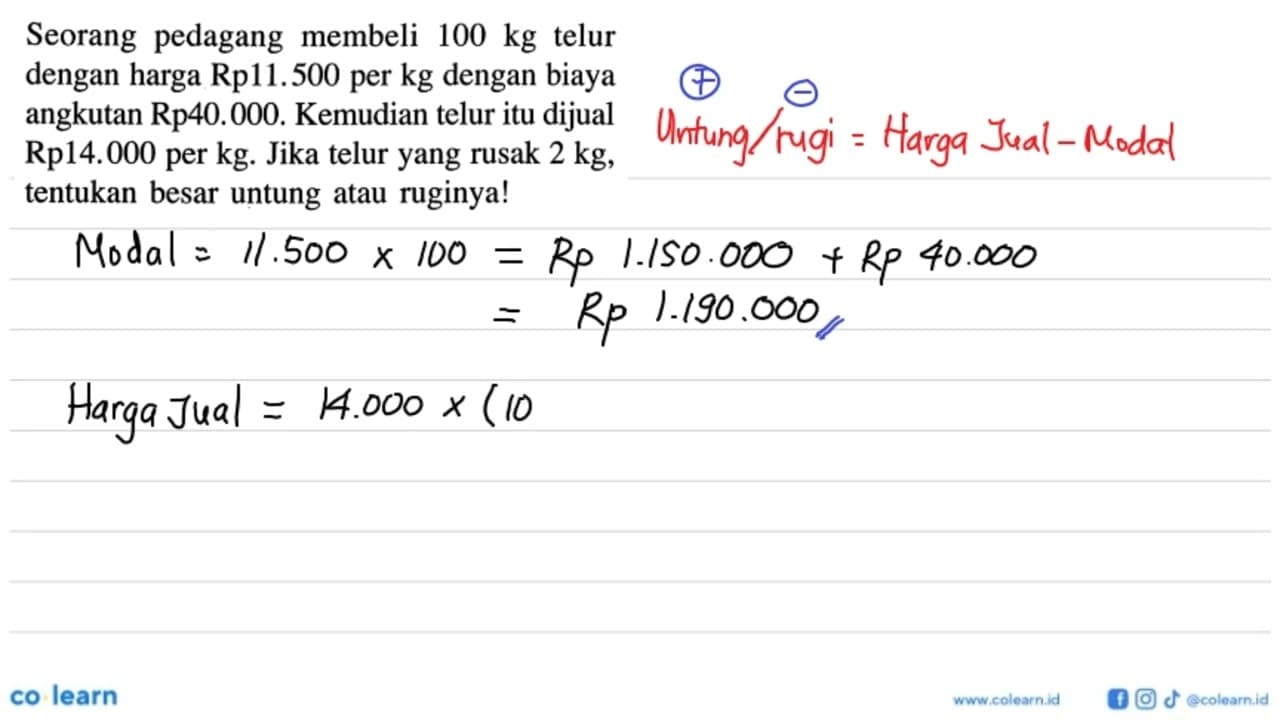 Seorang pedagang membeli 100 kg telur dengan harga Rp11.500