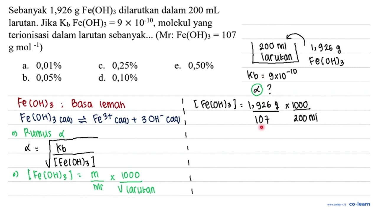 Sebanyak 1,926 g Fe(OH)_(3) dilarutkan dalam 200 mL