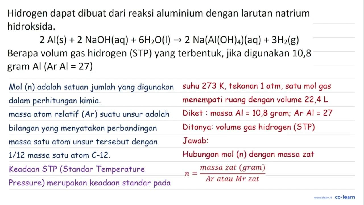 Hidrogen dapat dibuat dari reaksi aluminium dengan larutan