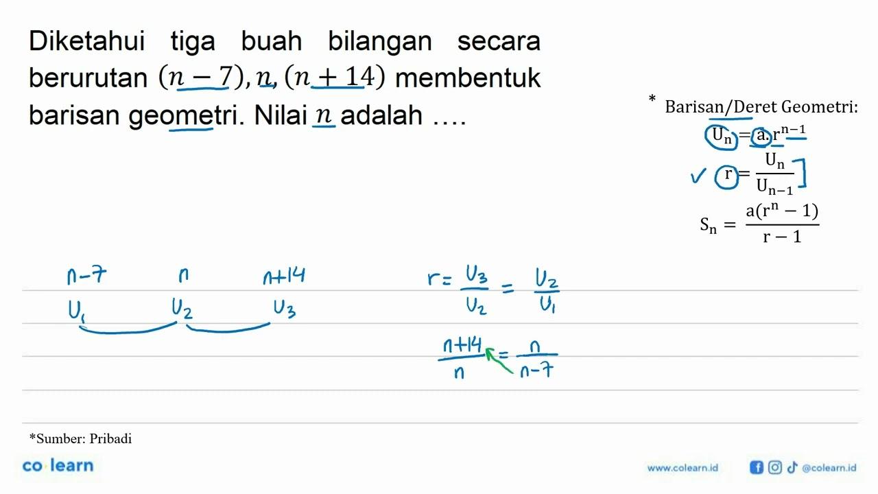 Diketahui tiga buah bilangan secara berurutan (n - 7), n,