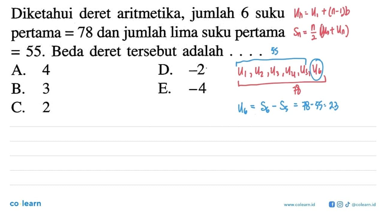 Diketahui deret aritmetika, jumlah 6 suku pertama =78 dan