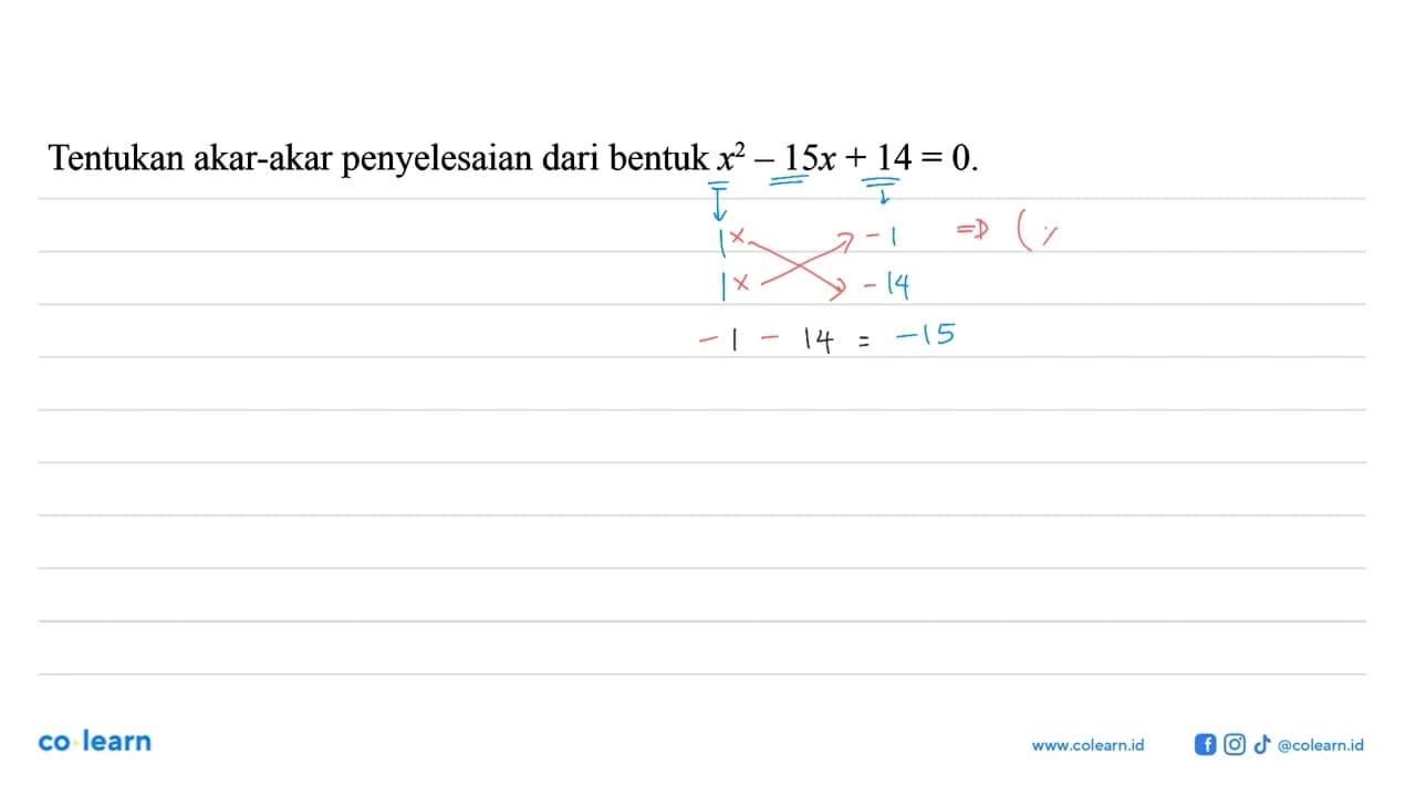 Tentukan akar-akar penyelesaian dari bentuk x^2 - 15x + 14