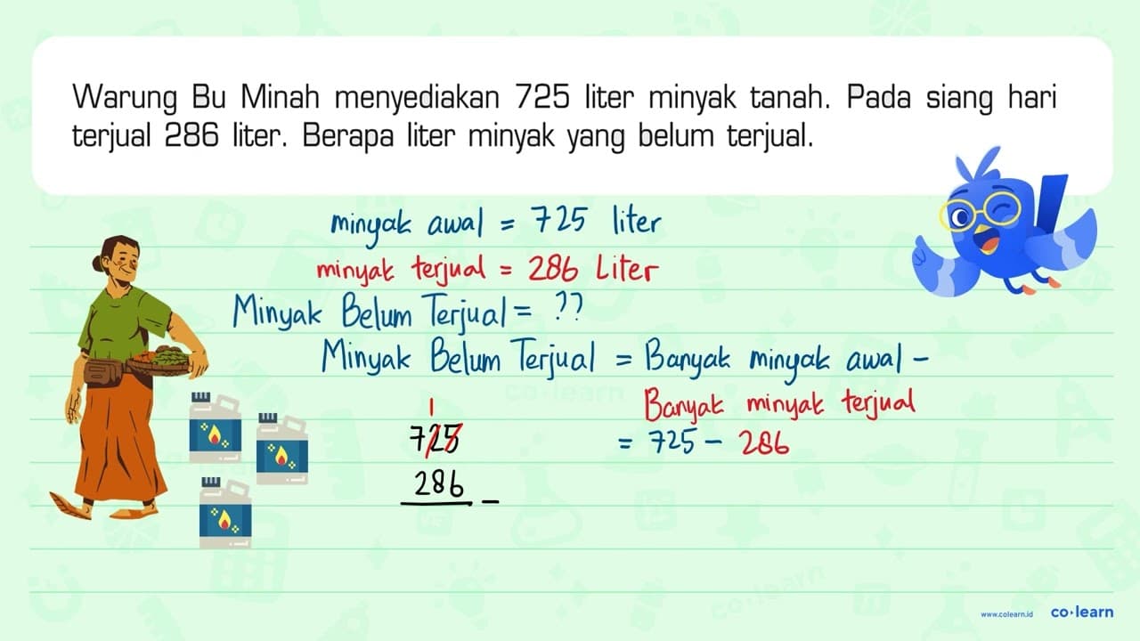 Warung Bu Minah menyediakan 725 liter minyak tanah. Pada