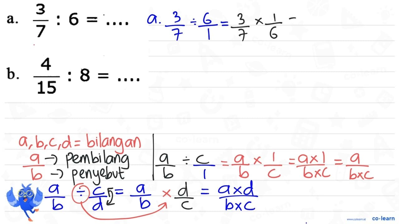 a. (3)/(7): 6=... b. (4)/(15): 8=...