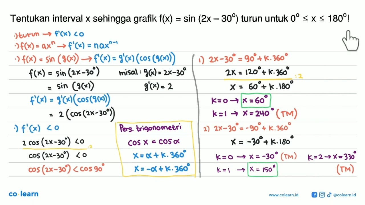 Tentukan interval x sehingga grafik f(x)= sin (2x - 30)