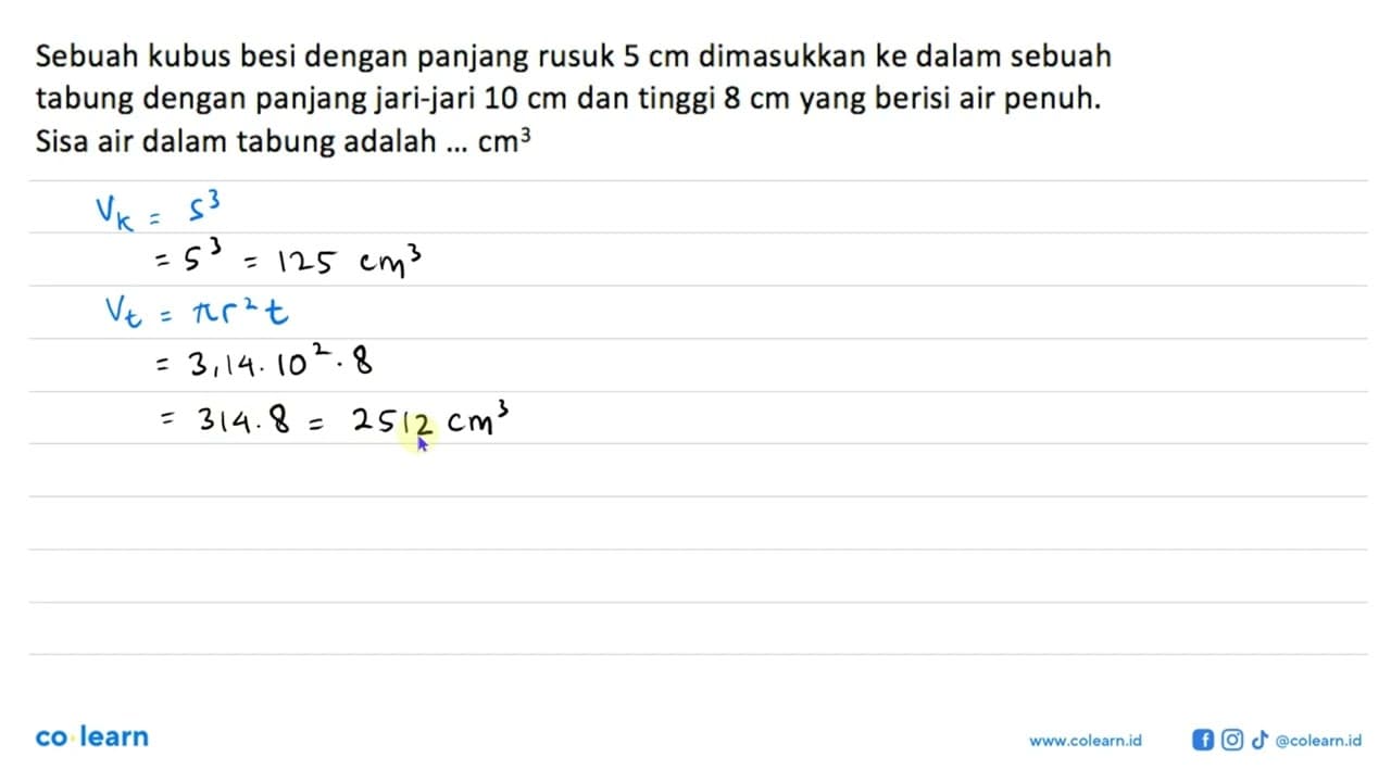 Sebuah kubus besi dengan panjang rusuk 5 cm dimasukkan ke