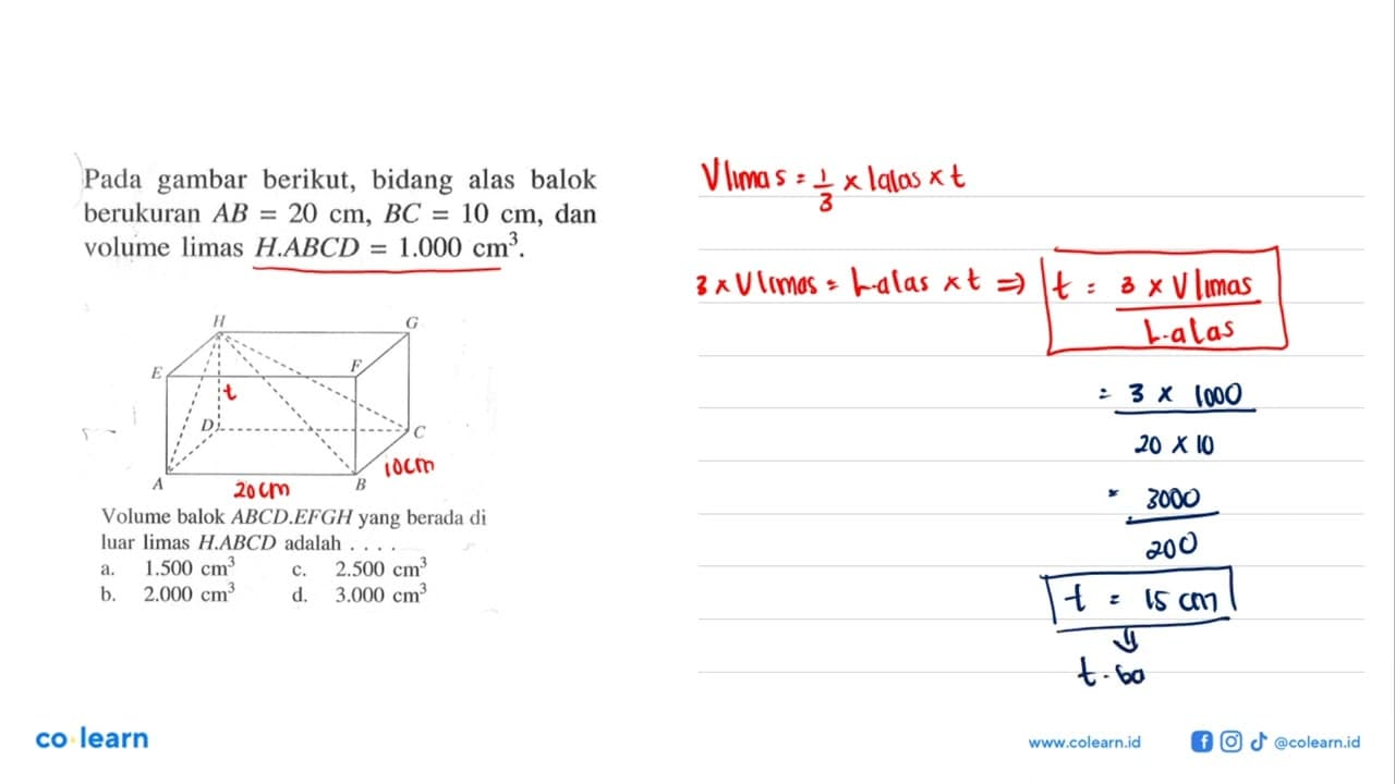 Pada gambar berikut, bidang alas balok berukuran AB=20 cm,