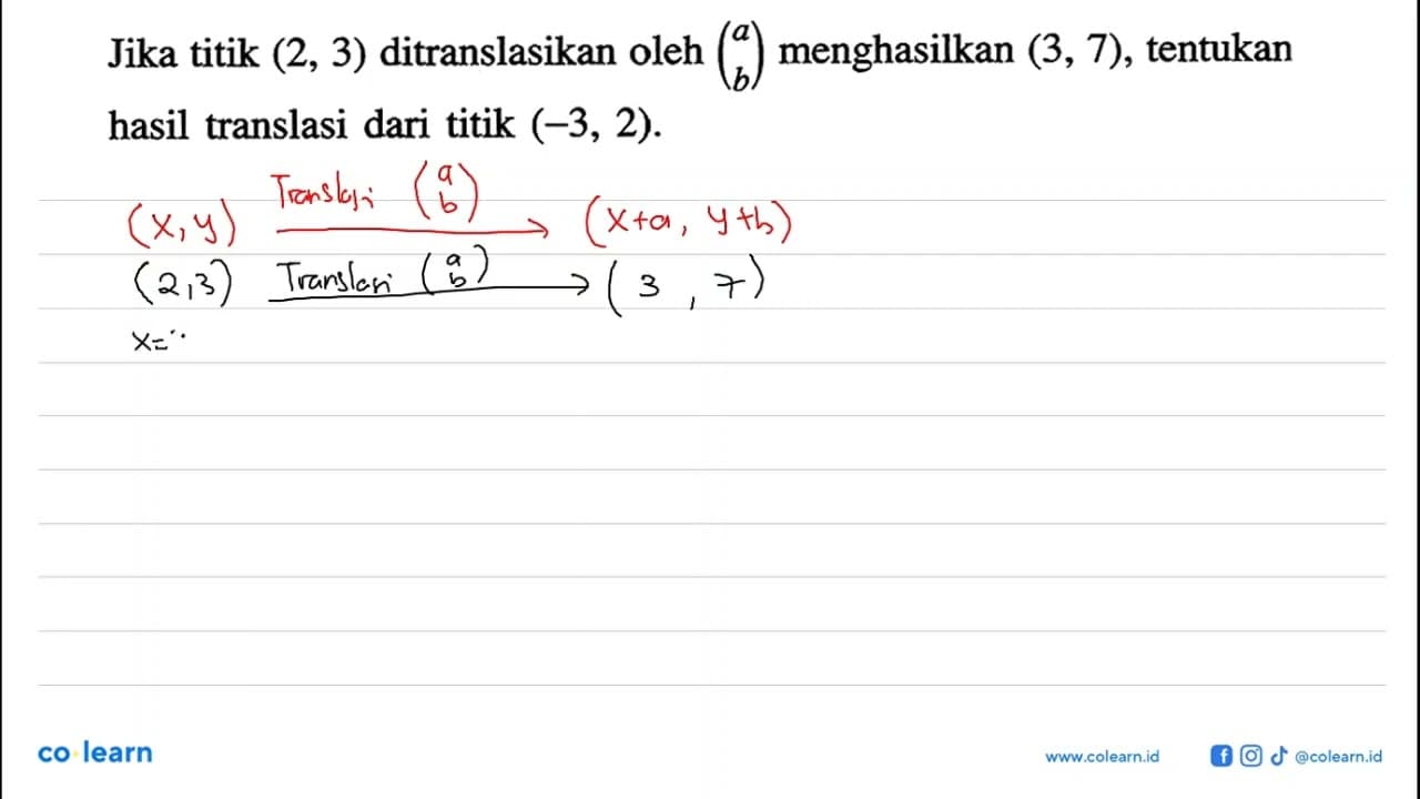 Jika titik (2, 3) ditranslasikan oleh menghasilkan (3, 7),