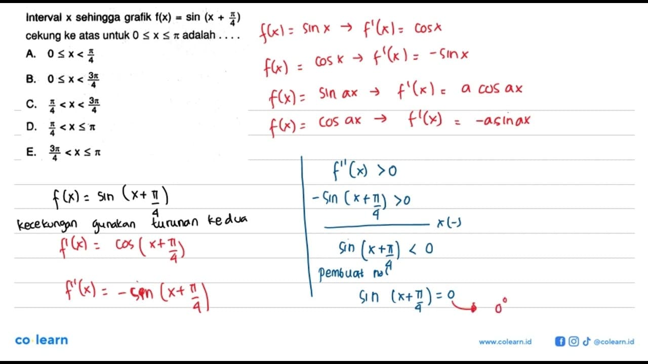 Interval x sehingga gratik f(x)=sin (x + pi/4) cekung ke