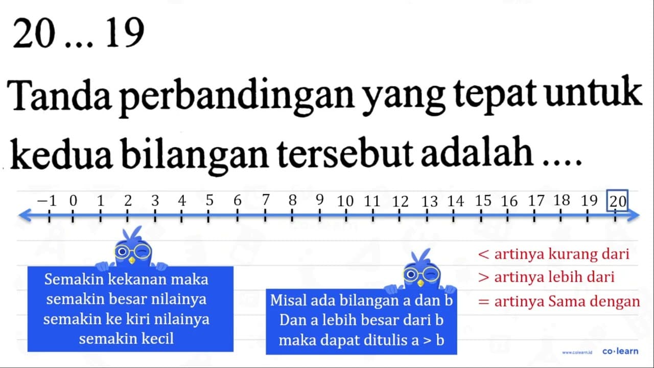 20 ... 19 Tanda perbandingan yang tepat untuk kedua