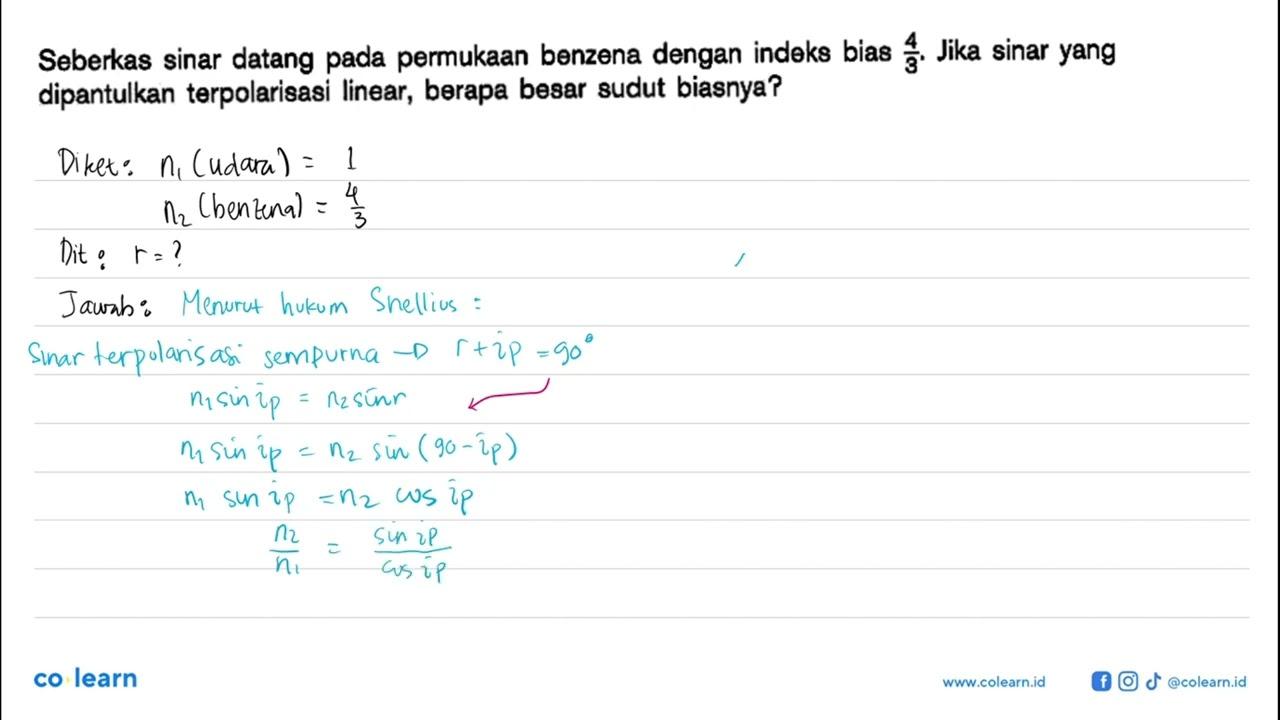 Seberkas sinar datang pada permukaan benzena dengan indeks