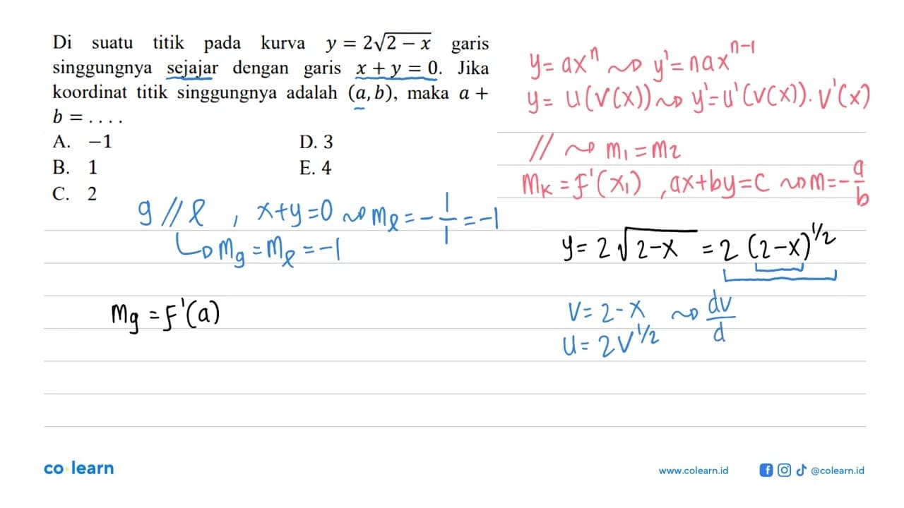 Di suatu titik pada kurva y=2 akar(2-x) garis singgungnya