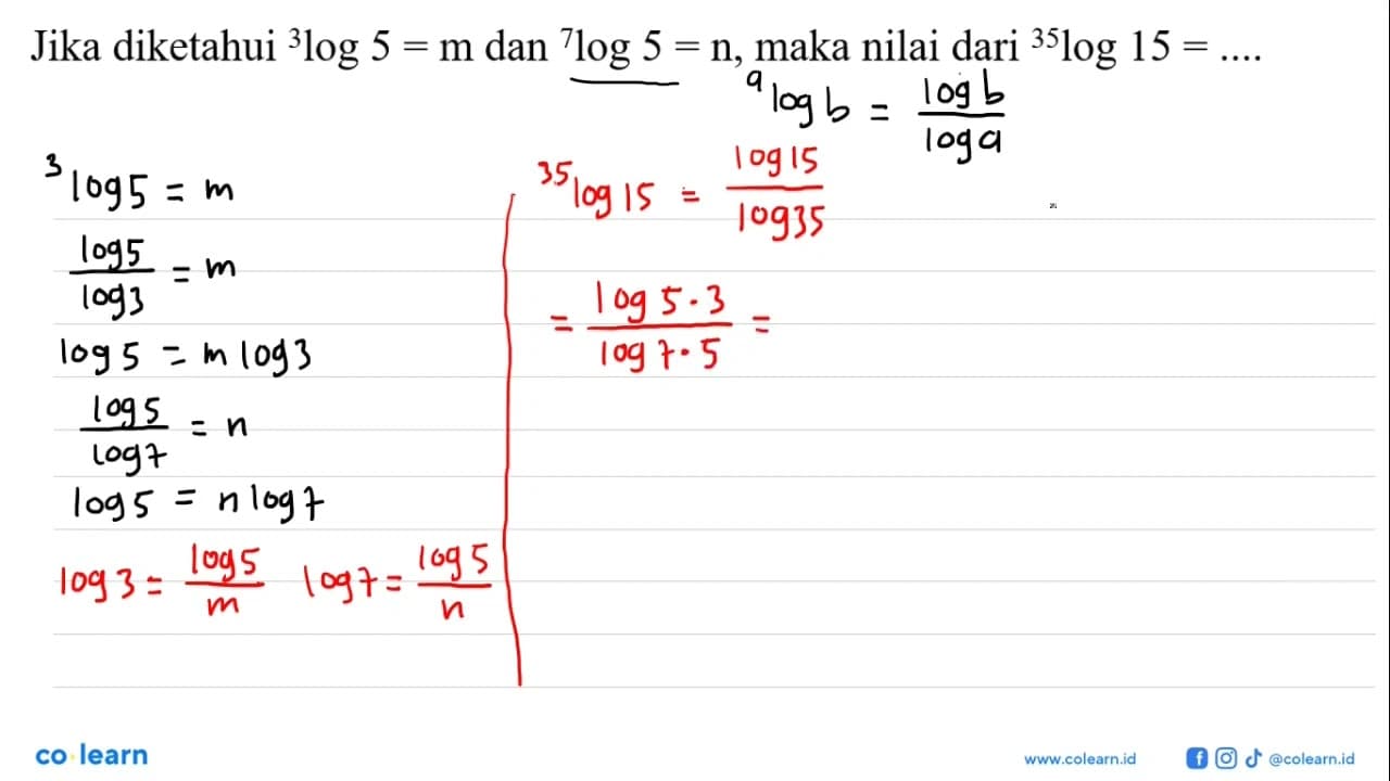 Jika diketahui 3log5=m dan 7log5=n maka nilai dari